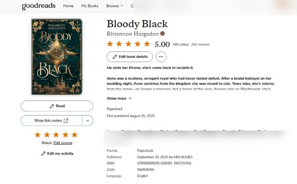 Goodreads stats for Bloody Black by Rhiannon Hargadon — Mid — Engagement scaled: 5.00 stars, 980 ratings, 292 reviews